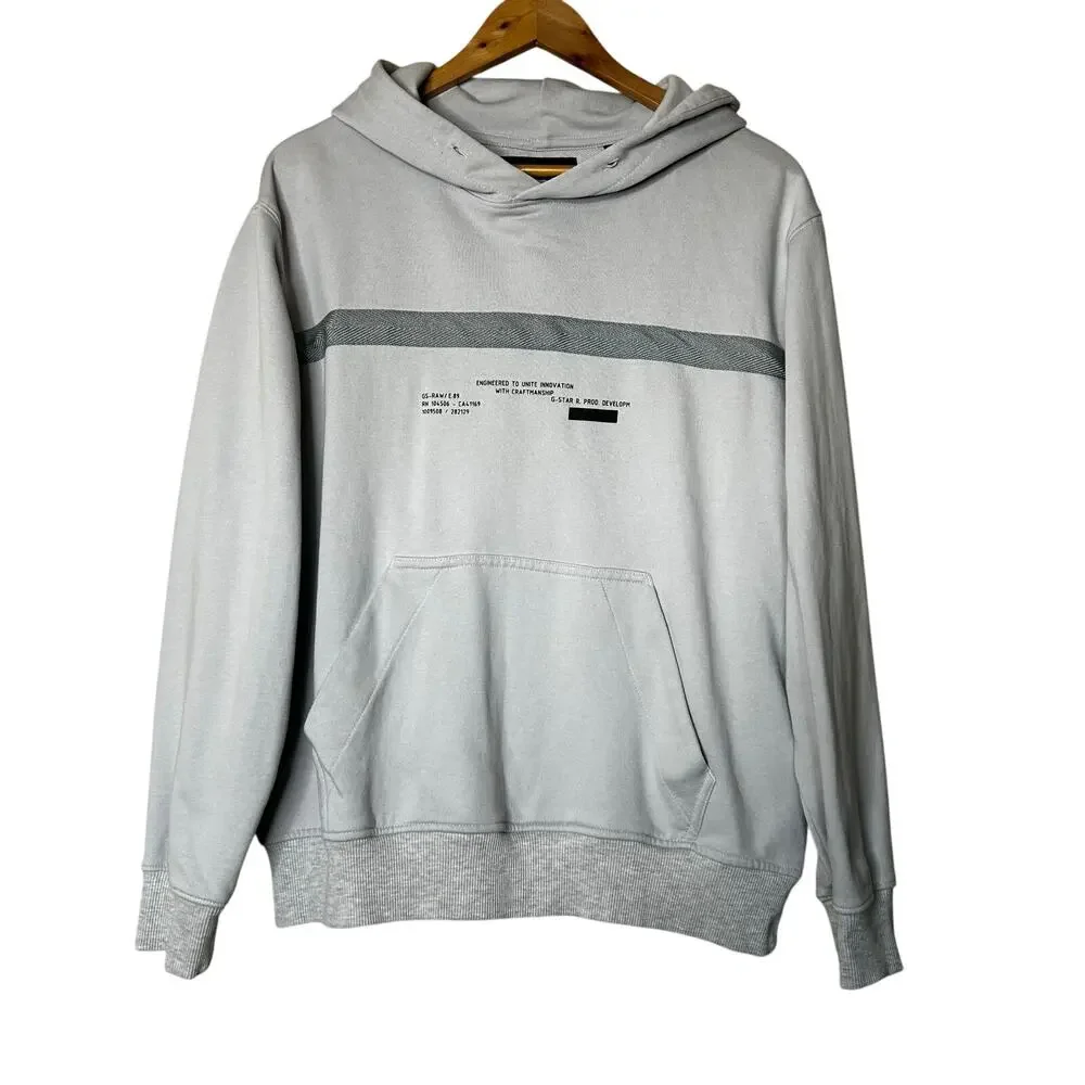 G Straw Raw Mens Relaxed Hooded‎ Sweatshirt Grey Micro Chip Size L Streetwear